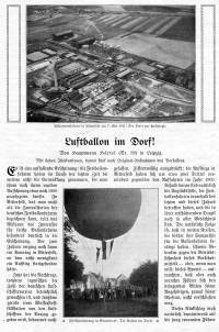 Erste Seite des Berichts von Hauptmann Härtel mit der Abbildung des Bitterfelder Startplatzes oben und einer Abbildung des Gasballons Delitzsch vor den Häusern von Gramsdorf.
