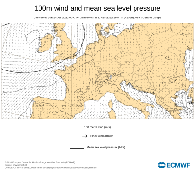 Bodendruck und Wind in 100m für Freitag 1800 UTC